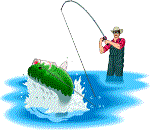 Drawing of a fisherman (in the back ground) wearing waders, a red shirt and a hat,  standing in blue water up to his knees.  He is reeling in a fish, that is jumping out of the water, in the foreground.  Select to access Summer Steelhead Snorkel Surveys.