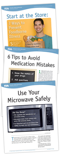 cover pages of three articles, including illustrative photos, covering food safety tips, tips to avoid medication errors, and safety tips for using microwaves