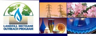 Photo collage of landfill methane utilization options (i.e., greenhouses, electricity), and the LMOP logo