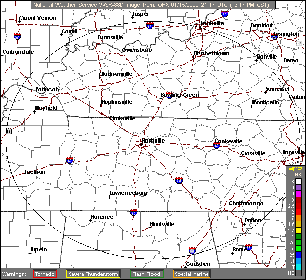 Click for latest One Hour Precipitation radar image from the Nashville, TN radar and current weather warnings