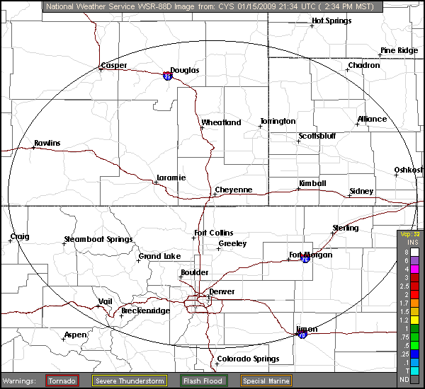 Click for latest One Hour Precipitation radar loop from the Cheyenne, WY radar and current weather warnings