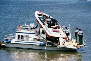 A speed boat crashes into some unsuspecting boaters