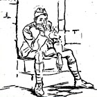 Soldier sitting on steps, waiting
