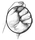 Drawing of a closed fist with a circle drawing around the fist to show what a serving size of 1 cup looks like.