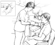 Drawing of a female health professional drawing blood from a man's arm. A close-up image is included.