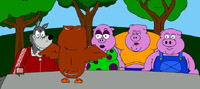 Cartoon animation depicting the 3 little pigs, big bad wolf, and wise old owl as mediator