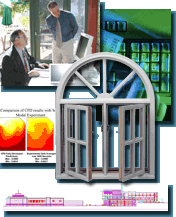 Collage of five images: Computational Fluid Dynamics modeling results; keyboard; double windows with fan; cds; doe-2 section