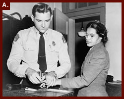 ?Woman fingerprinted. Mrs. Rosa Parks, Negro seamstress, whose refusal to move to the back of a bus touched off the bus boycott in Montgomery, Ala.,? 1955