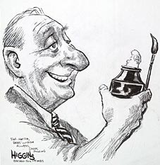 Image of [Herblock holding ink bottle with Clinton's head popping out of it