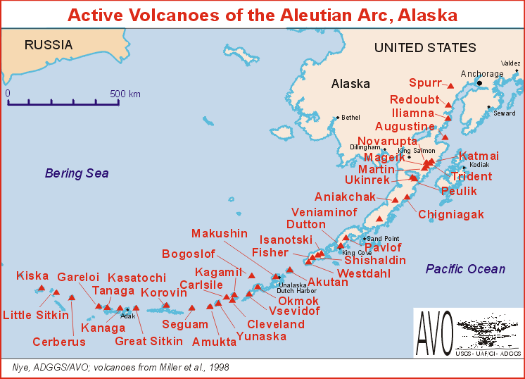 Map of Active Volcanoes of the Alutian Arc, Alaska