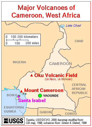 Map of Major Volcanoes of Cameroon, West Africa