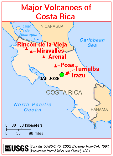 Map of Major Volcanoes of Costa Rica