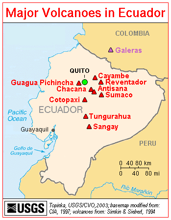 Map of Major Volcanoes of Ecuador