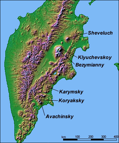 Map of Major Volcanoes of Kamchatka