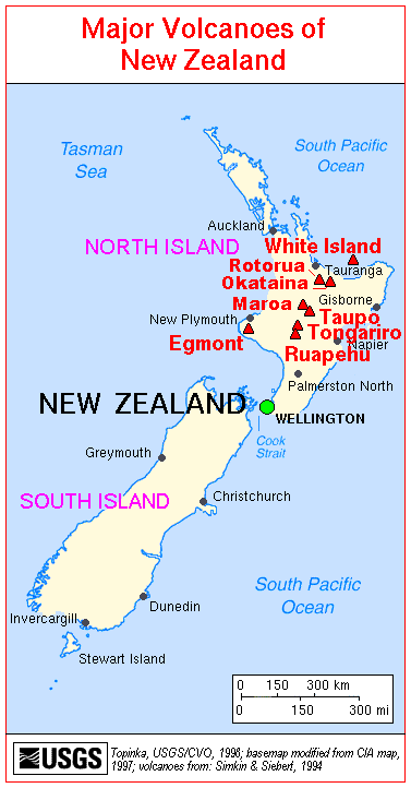Map of Major Volcanoes of New Zealand