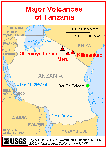 Map of Major Volcanoes of the Tanzania