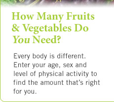 How Many Fruits & Vegetables Do You Need? Every body is different. Enter your age, sex and level of physical activity to find the amount that's right for you.