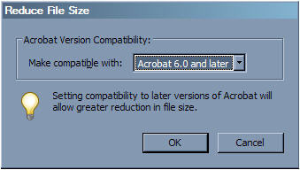 (Screenshot of the Adobe Acrobat Reduce File Size dialog box)