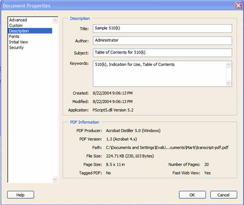 This figure shows the Document Properties box with the Description tab displayed.