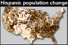A map shows the percentage change in the Hispanic population from 1990-2000. The darkest shaded counties had growth rates of one hundred percent or more during the decade.