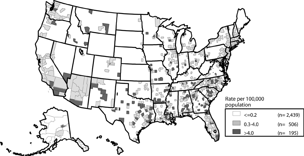 Primary and secondary syphilis — Rates by county: United States, 2005