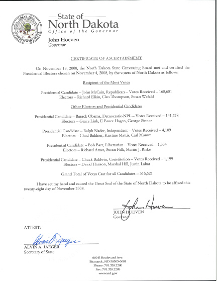 North Dakota Certificate of Ascertainment, page 1 of 1