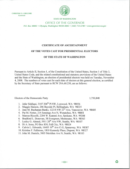 Washington Certificate of Ascertainment, page 1 of 4