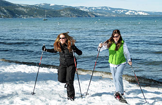 South Lake Tahoe, Nev.: Amanda Sereni, left, and Erin Sereni of Lafayette, Calif., get in some    snowshoeing along the shore. The Sierra Nevada's groomed trails offer miles of serenity - and a great workout.