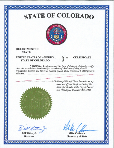 Colorado Certificate of Ascertainment, page 1 of 6