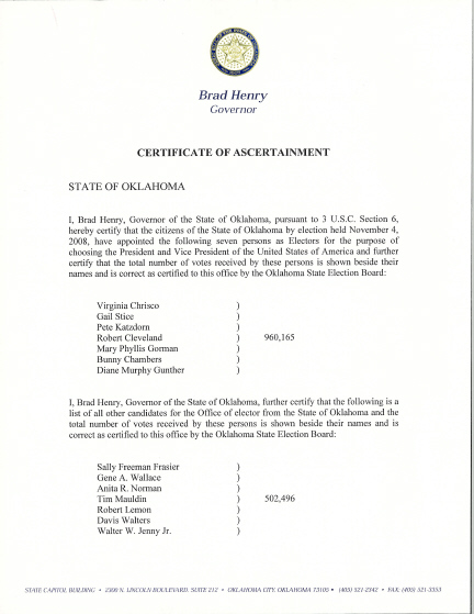 Oklahoma Certificate of Ascertainment, page 1 of 2