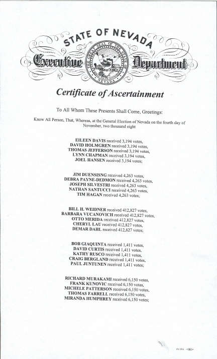 Nevada Certificate of Ascertainment, page 1 of 2