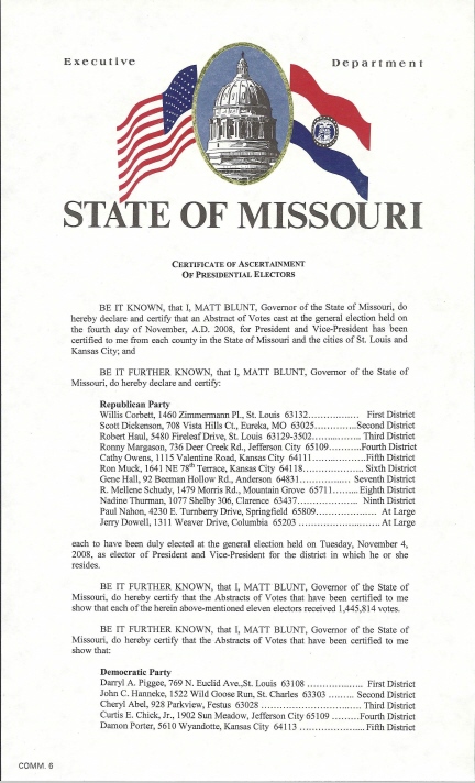 Missouri Certificate of Ascertainment, page 1 of 3