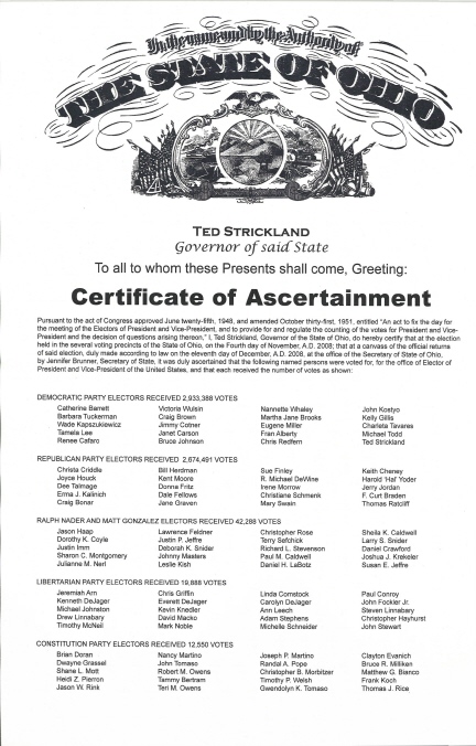 Ohio Certificate of Ascertainment, page 1 of 2