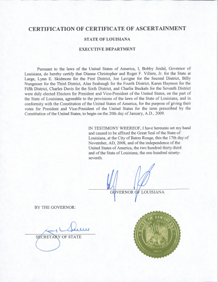 Louisiana Certificate of Ascertainment, page 1 of 4