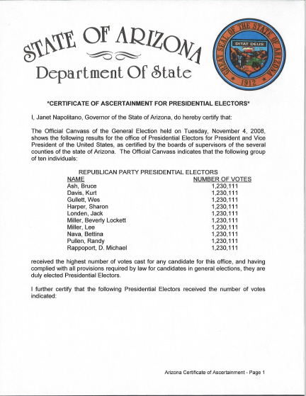 Arizona Certificate of Ascertainment, page 1 of 4