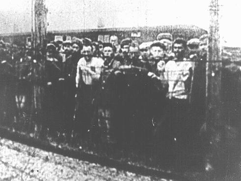 Soviet prisoners of war, survivors of the Majdanek camp, at the camp's liberation. Poland, July 1944.