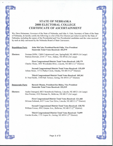 Nebraska Certificate of Ascertainment, page 1 of 3