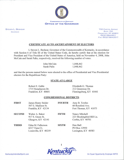 Kentucky Certificate of Ascertainment, page 1 of 13