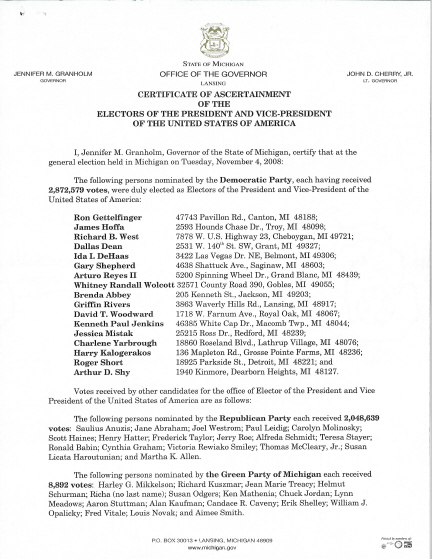 Michigan Certificate of Ascertainment, page 1 of 2