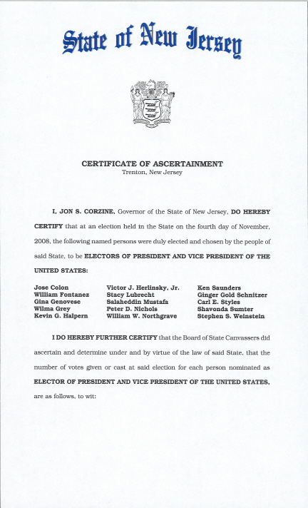 New Jersey Certificate of Ascertainment, page 1 of 4