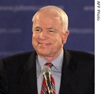 John McCain at campaign rally after winning Republican party primary in New Hampshire, 8 Jan. 2008