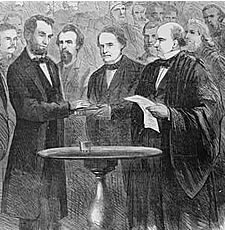 Lincoln taking the oath at his second inauguration, March 4, 1865.