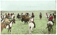 A group of Indians on horseback encircle a bison.