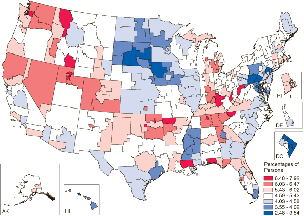 This is a U.S. map comparing nonmedical use of pain relievers in the past year among persons aged 12 or older, by substate region*: percentages, annual averages based on 2004, 2005, and 2006 nsduhs. Accessible table located below this figure.