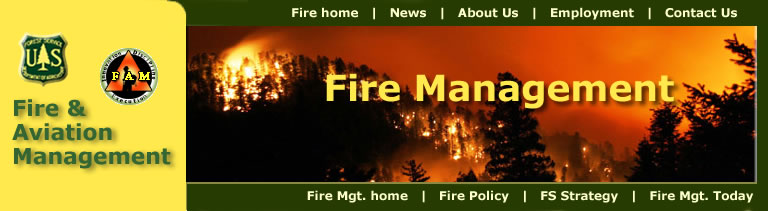 [Banner]  US Forest Service, Fire and Aviation Management, Fire Management.  Photo of a forest on fire.