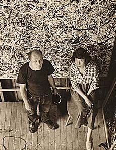 Jackson Pollock and Lee Krasner in Pollock's studio, looking up at the camera], ca. 1950. Archives of American Art.
