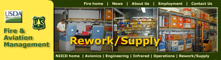 [Banner] US Department of Agriculture, Forest Service.  Photos of 2 employees working on equipment, the Rework area, and Supplies.