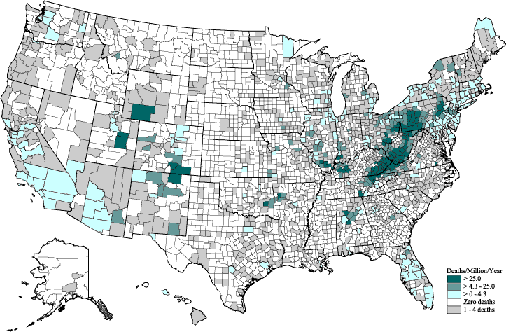 Unspecified and Other Pneumoconioses:  Age-adjusted mortality rates by county, U.S. residents age 15 and over, 1970–1999