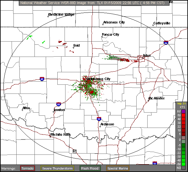 Click for latest Storm Relative Motion radar image from the Oklahoma City, OK (Norman) radar and current weather warnings