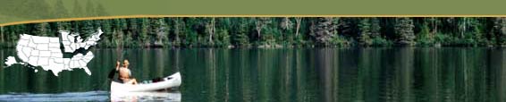 Page header showing a lake with a man in a canoe.